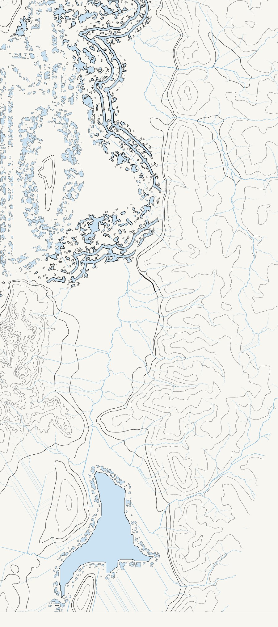 The second boom — the lake reduced but the channels still full, another ring of made islands built on the ground the water gave up.