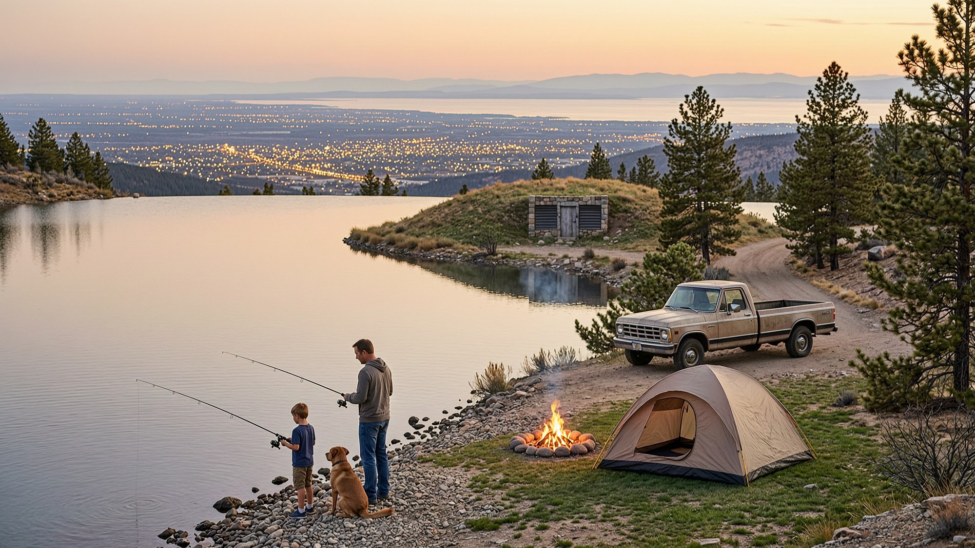 Evening photograph from the rocky shore of a mountain lake high on the Wasatch bench. A father and his young son stand fishing with rods at the water's edge, a dog sitting beside them. A campfire burns in a ring of stones and a dome tent is pitched on the grass, with an old pickup truck parked on a dirt road behind. Across a small inlet a low grass-covered mound carries a stone doorway and two dark ventilation louvres. Below and beyond, the valley spreads out with city lights coming on and the Great Salt Lake pale on the horizon at dusk.