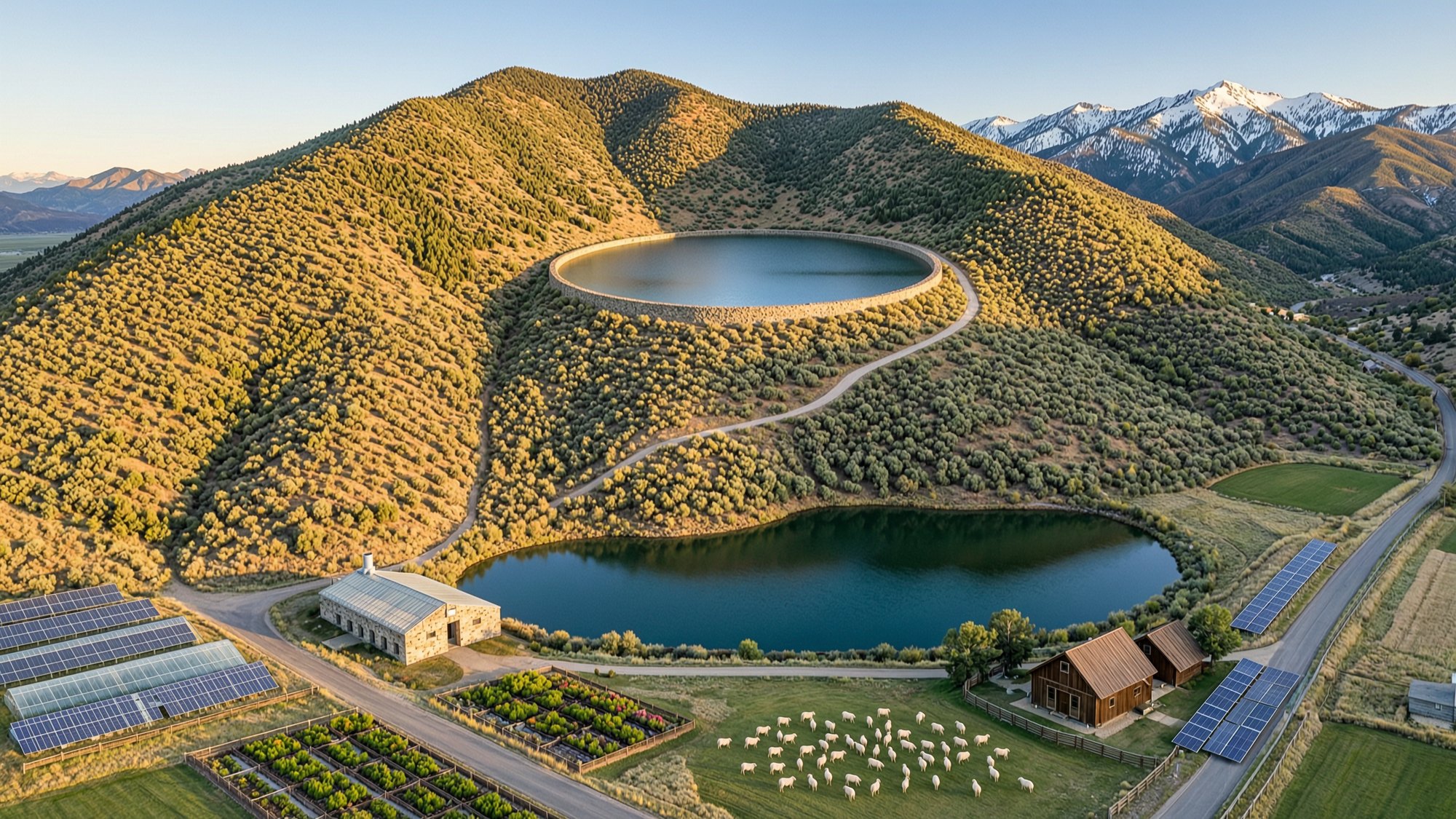 Aerial view at golden hour of a Utah mountainside. A round reservoir with a low stone rim sits on a natural bench high on the slope, roughly a thousand feet above the valley floor. The mountainside between it and the valley is left in native scrub oak and grass, crossed by one thin switchbacking road. A larger lake lies at the base of the slope, with a stone powerhouse beside it. On the flat ground below are glass greenhouses, raised garden beds, a flock of grazing sheep, timber barns and solar panels along the access road. Snow remains on the high peaks behind.