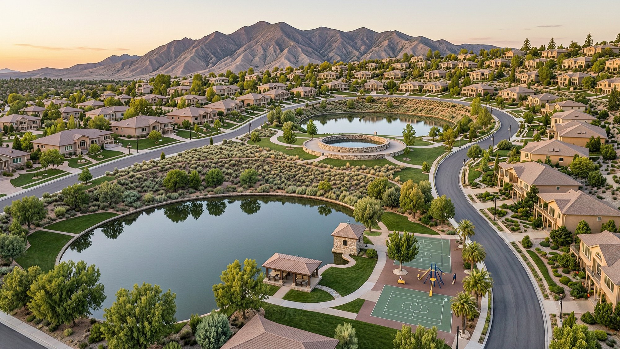 Aerial view at golden hour of an affluent Utah foothills neighbourhood. Two ponds with stone rims sit among curving streets of large houses, one on an upper bench and one below, with mown lawns, mature trees, a small stone pump house, a picnic pavilion, a playground and a basketball court between them. The mountains rise behind.