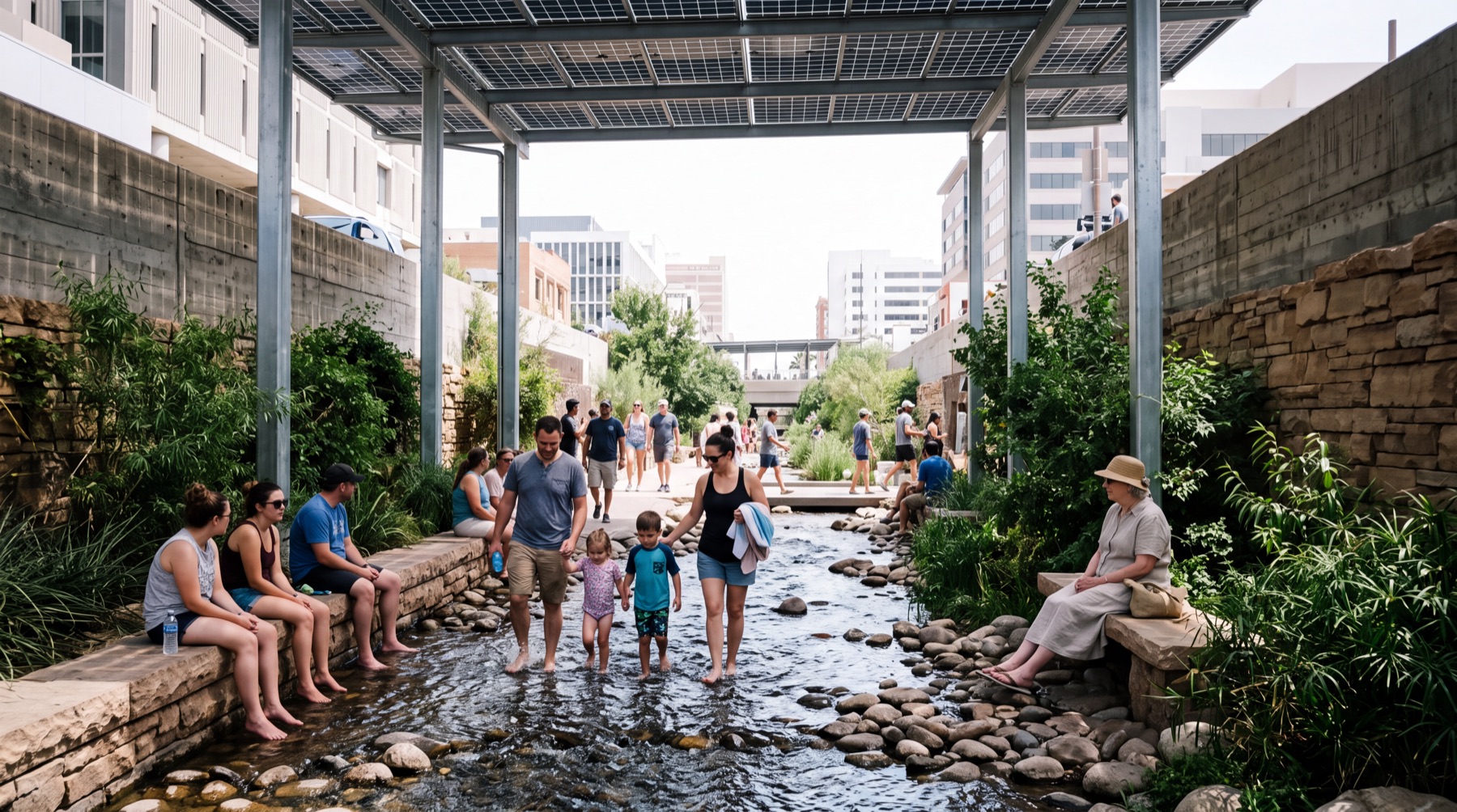 People wading barefoot in a shallow stream running through a shaded urban channel, with a solar canopy overhead, planted banks, and downtown buildings beyond.