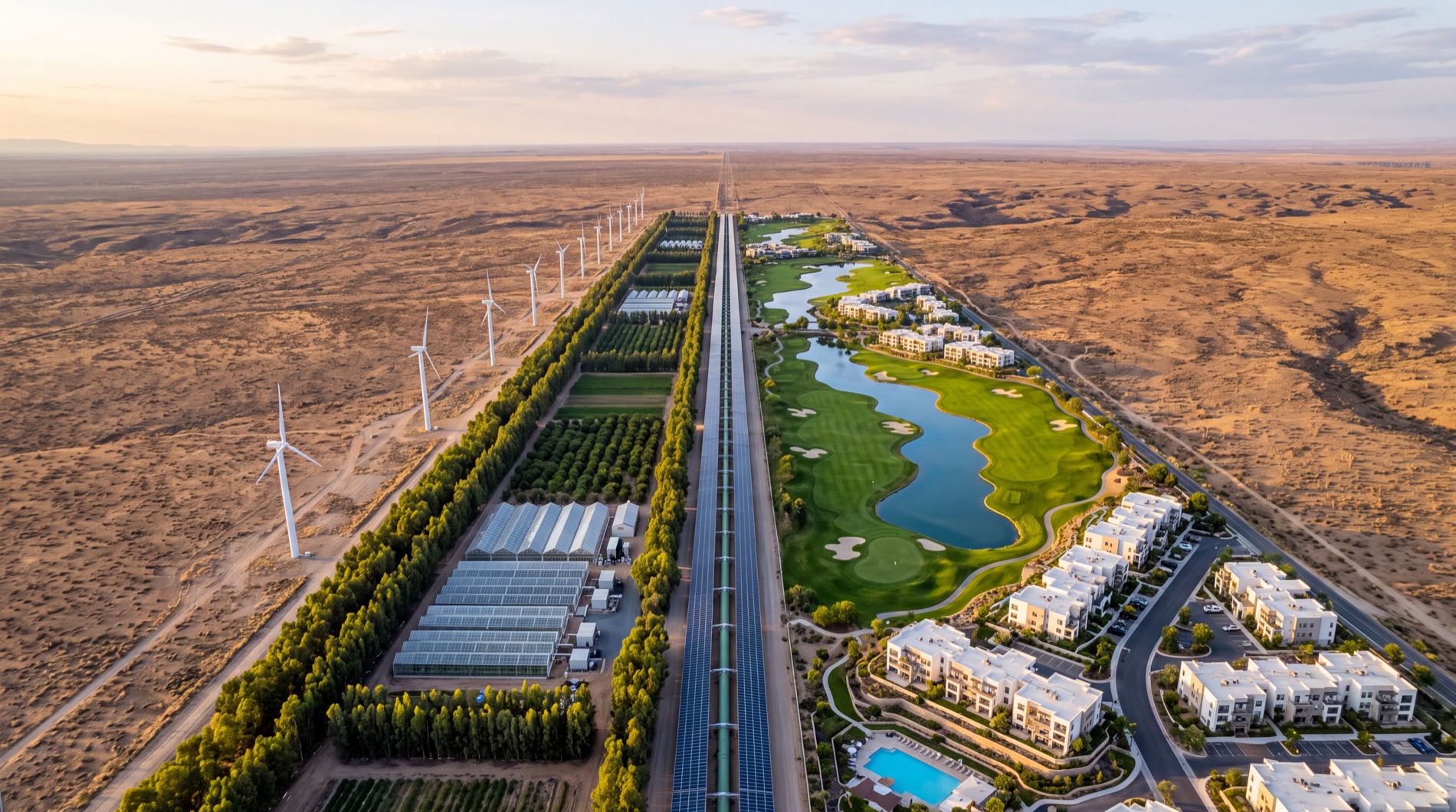 An aerial view along the corridor at dusk: a buried pipe running to the horizon with a solar canopy over it, wind turbines and greenhouses and orchards on one side, a golf course with water hazards and low condominiums on the other, and open desert beyond both edges.