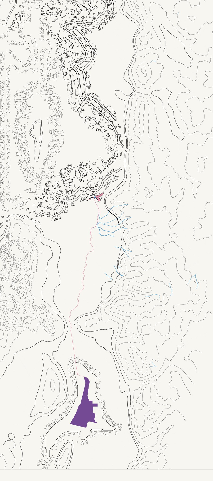The endgame — the valley drained to bare topography, one lavender canal, one marina, one blue pool, and a dead remnant of Utah Lake.