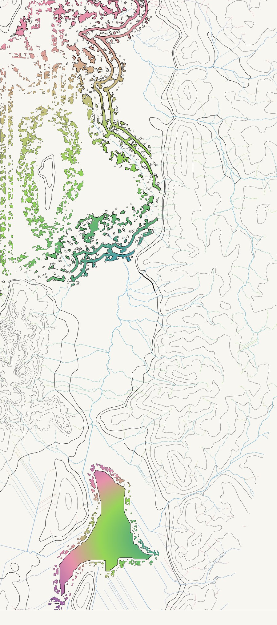 Year one hundred — the water graded from dyed blue at the city through green and neon into pink and lavender toward the north and west.