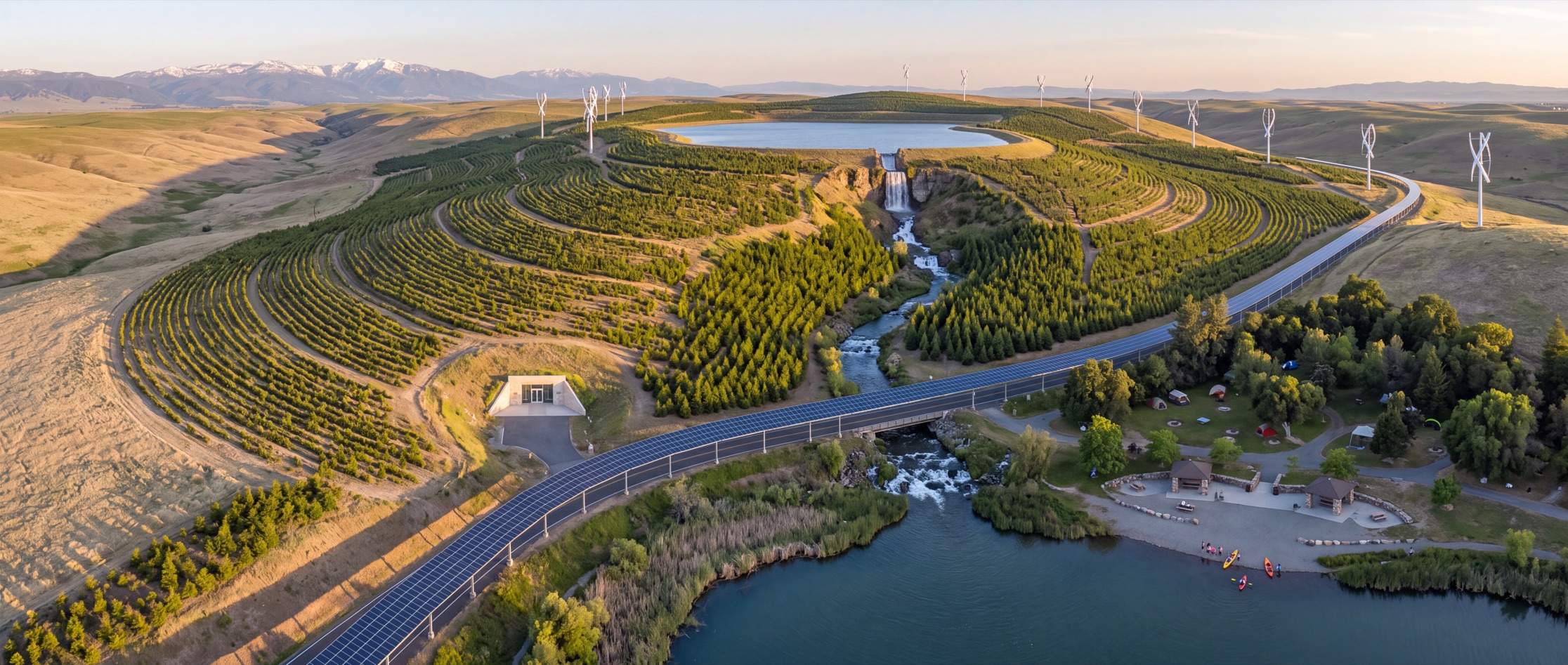 Aerial view of a wide valley planted with young trees in contour rows. A lake sits on the hilltop; a waterfall falls from it into a river that runs down through the planting into a larger lake at the valley floor, where there are kayaks, a campground and picnic shelters. A road roofed end to end in solar panels crosses the valley on a viaduct, and vertical-axis wind turbines stand along the ridge. Left of centre, a single small stone-and-glass door is set into the hillside — the only building in the frame.