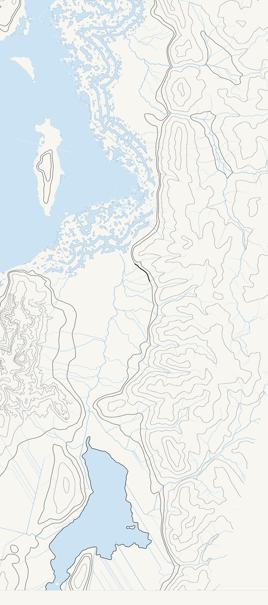 Year fifty — the lake back at 4,212 feet, Antelope a proper island, three belts of made island with channels between them.