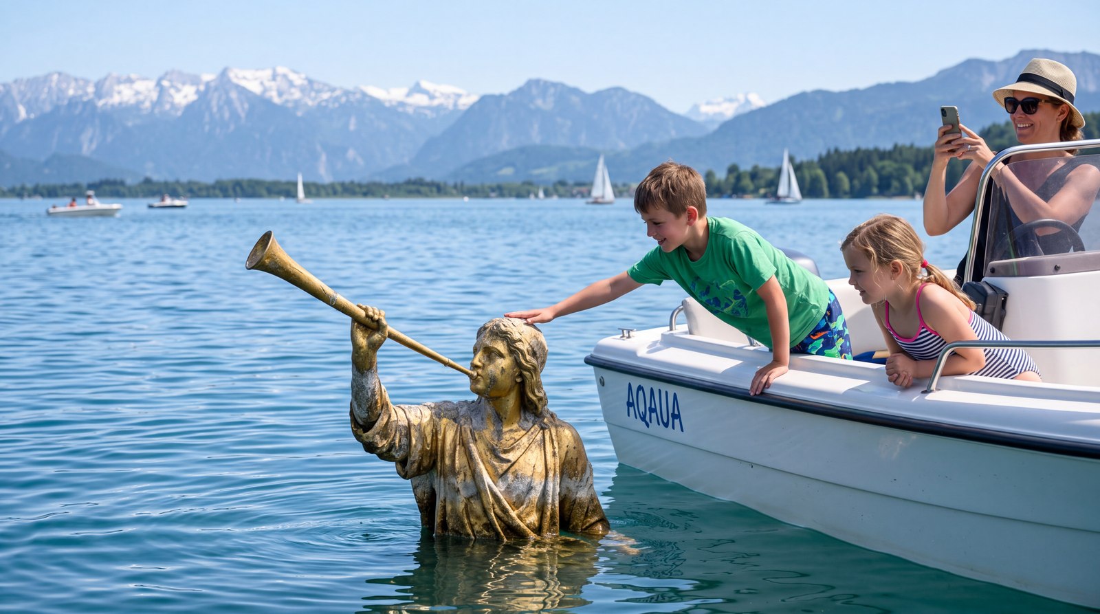 A small pleasure boat on calm blue water beside a gilded statue of a robed figure with a raised horn, only its head and shoulders above the surface. Two children lean over the gunwale, one reaching out to touch the top of its head; an adult photographs from the stern. Mountains and sailboats beyond.
