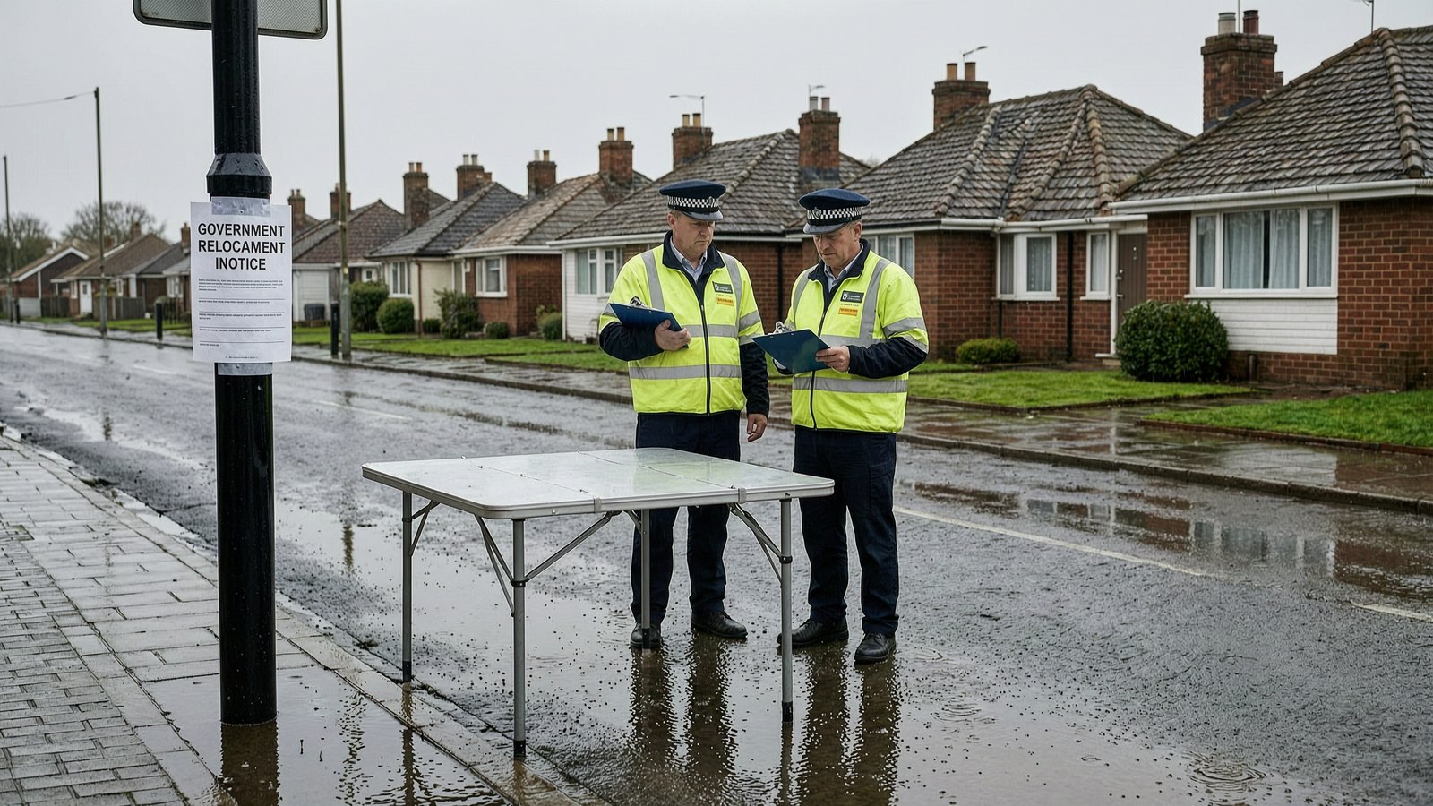 Two officials in high-visibility jackets standing at a folding table on a wet suburban street, clipboards in hand, beside a post carrying a government relocation notice. Rain-darkened brick houses behind.