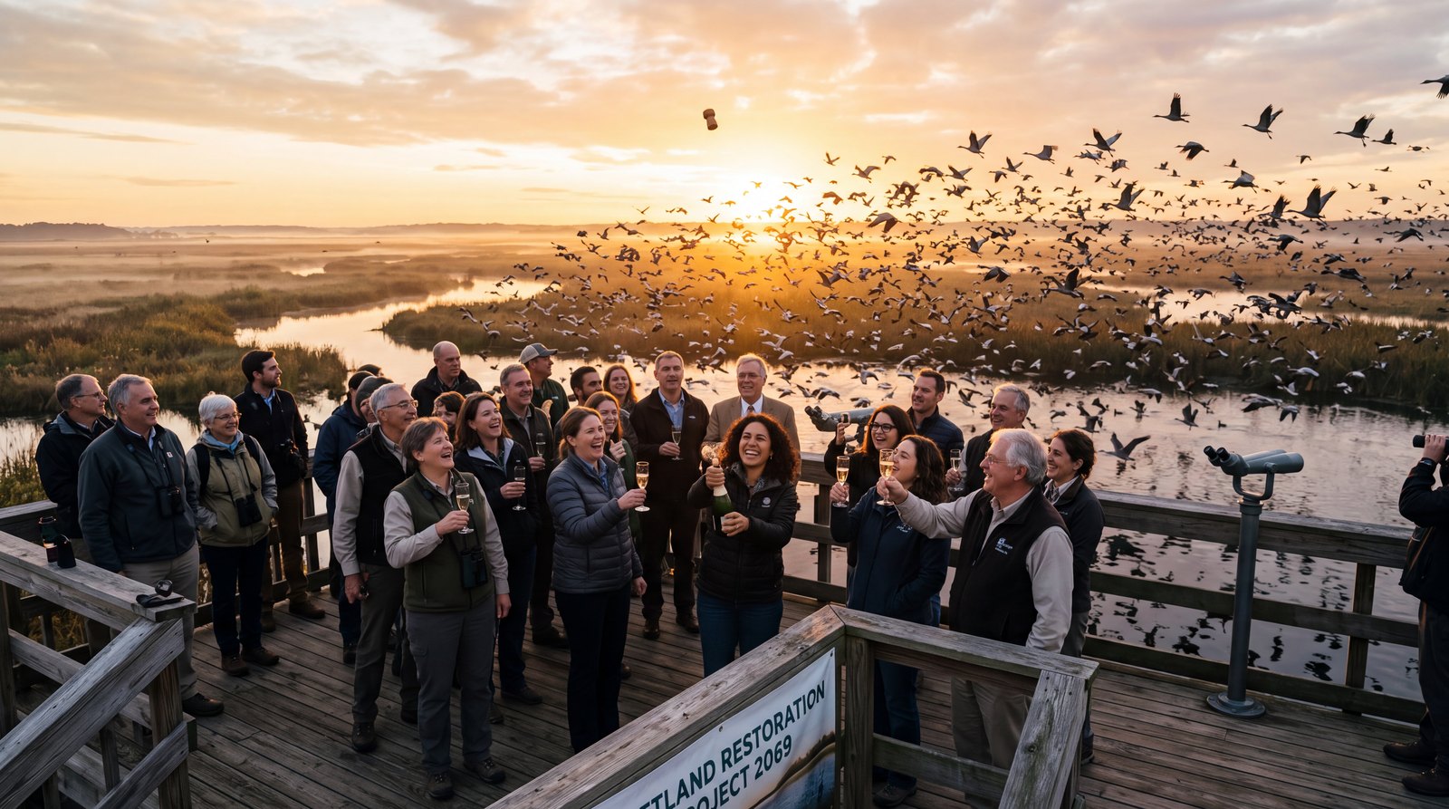 A crowd on a boardwalk at sunrise raising glasses over restored marsh, birds lifting off the water behind them.