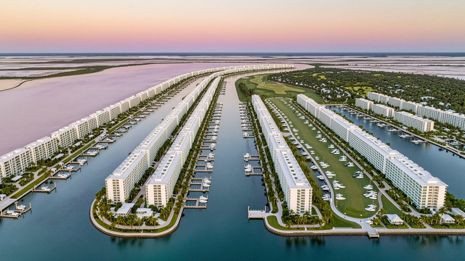Aerial view of low waterfront buildings on made islands with boat channels between them.