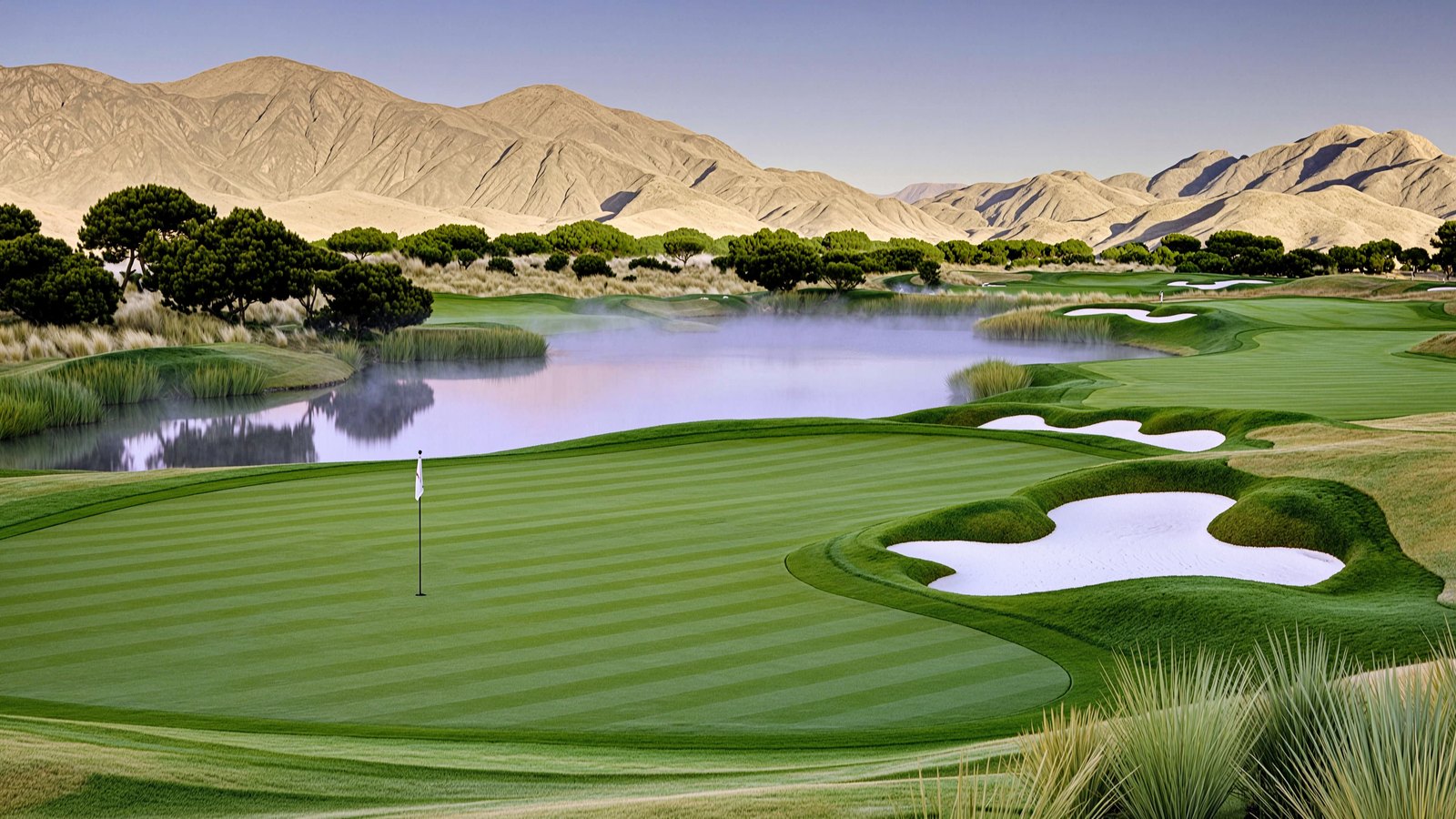 A links green running to the water, blue channel behind it and the range beyond.