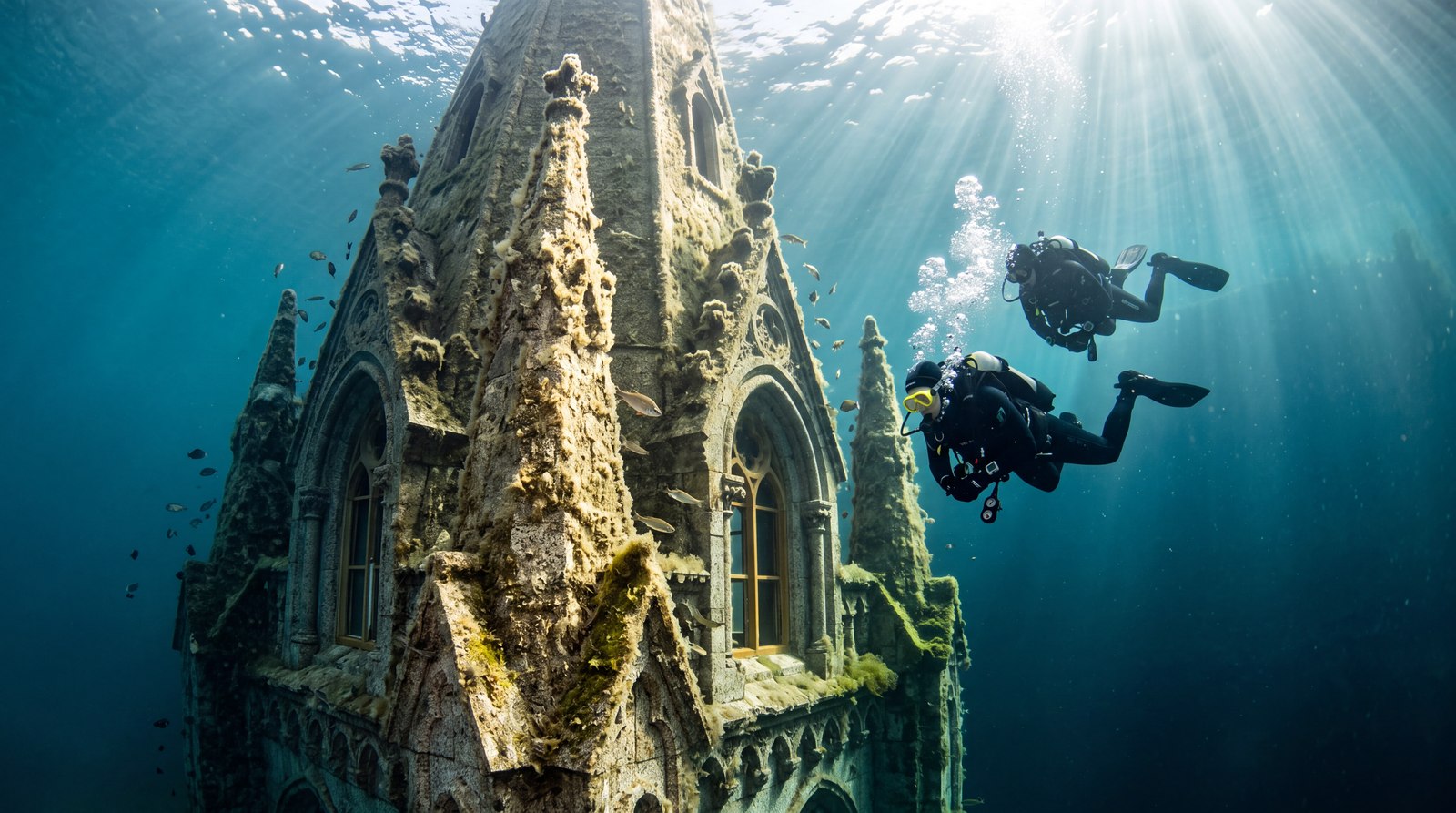Two divers descending alongside a tall ornate stone spire under sunbeams, the stonework covered in pale algae.
