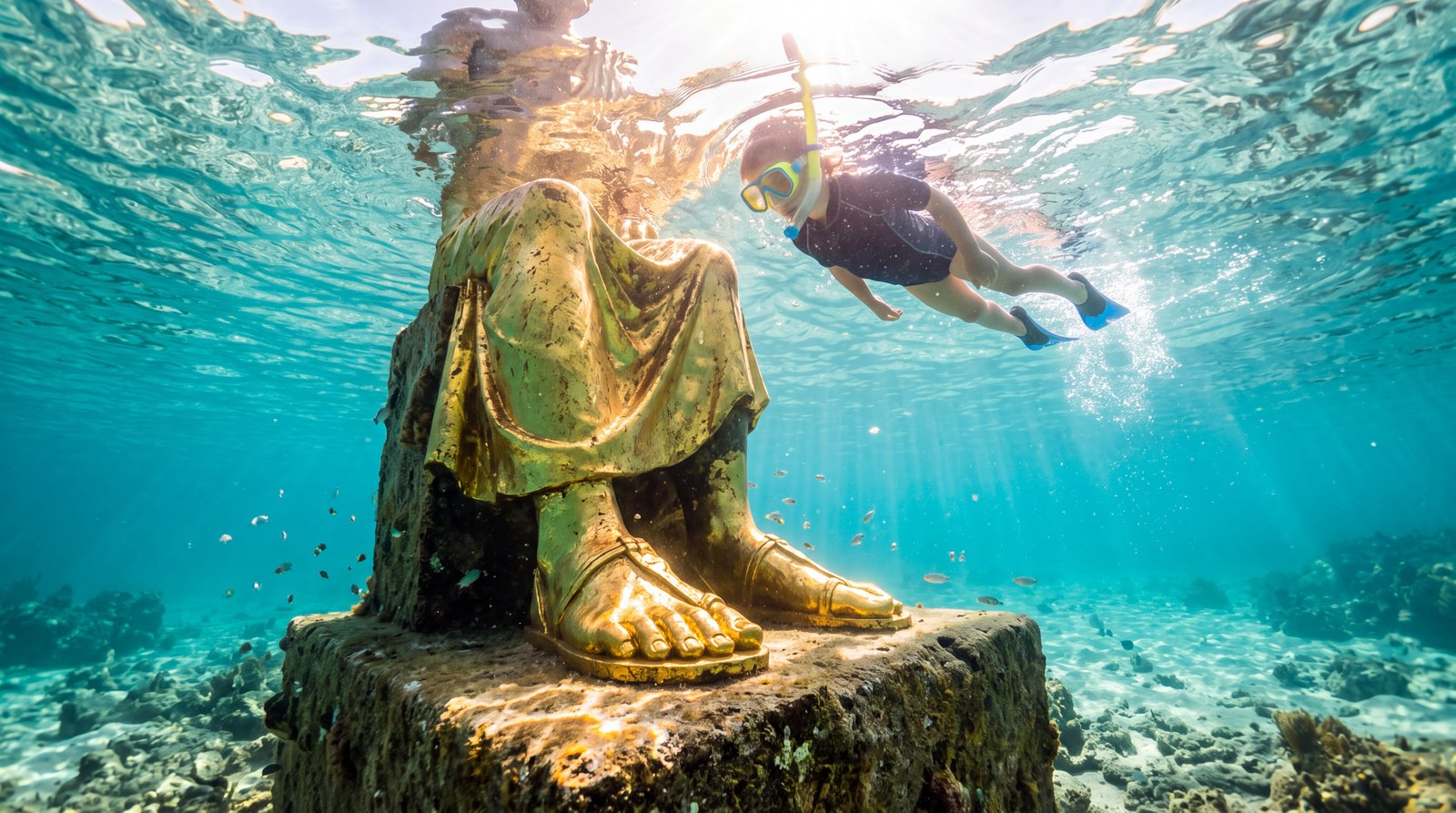 A child in a bright mask and snorkel at the surface of clear turquoise water, above the gilded feet and lower robe of a large statue on a stone pedestal.
