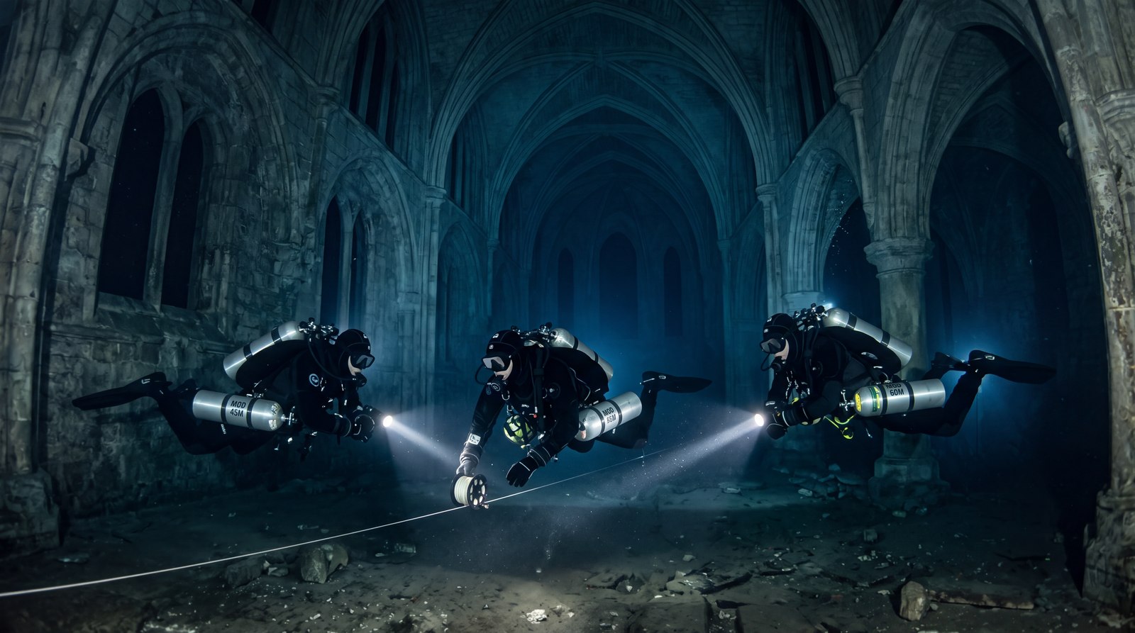 Three technical divers in drysuits with twin cylinders inside a flooded vaulted stone hall, torch beams and a guideline on the floor.