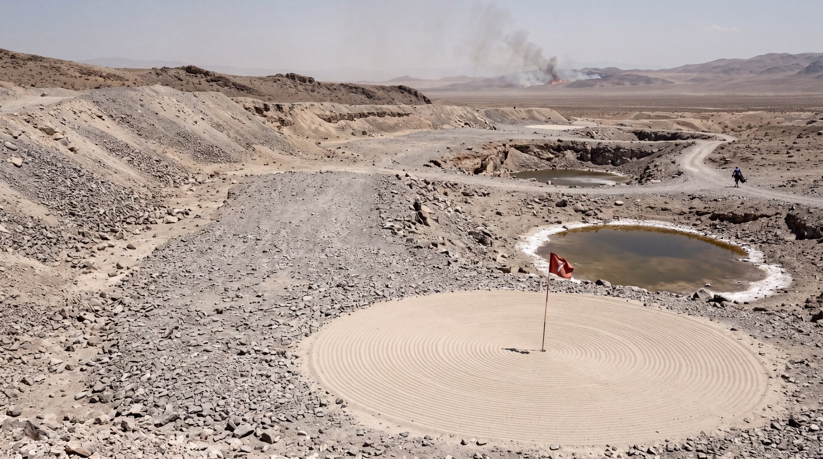 A golf course built on grey scree and gravel in a dry basin — a circular raked sand green with concentric rake lines and a red flag in the middle, stagnant pools with white salt rims, quarry pits, and a brush fire smoking on the far ridge.
