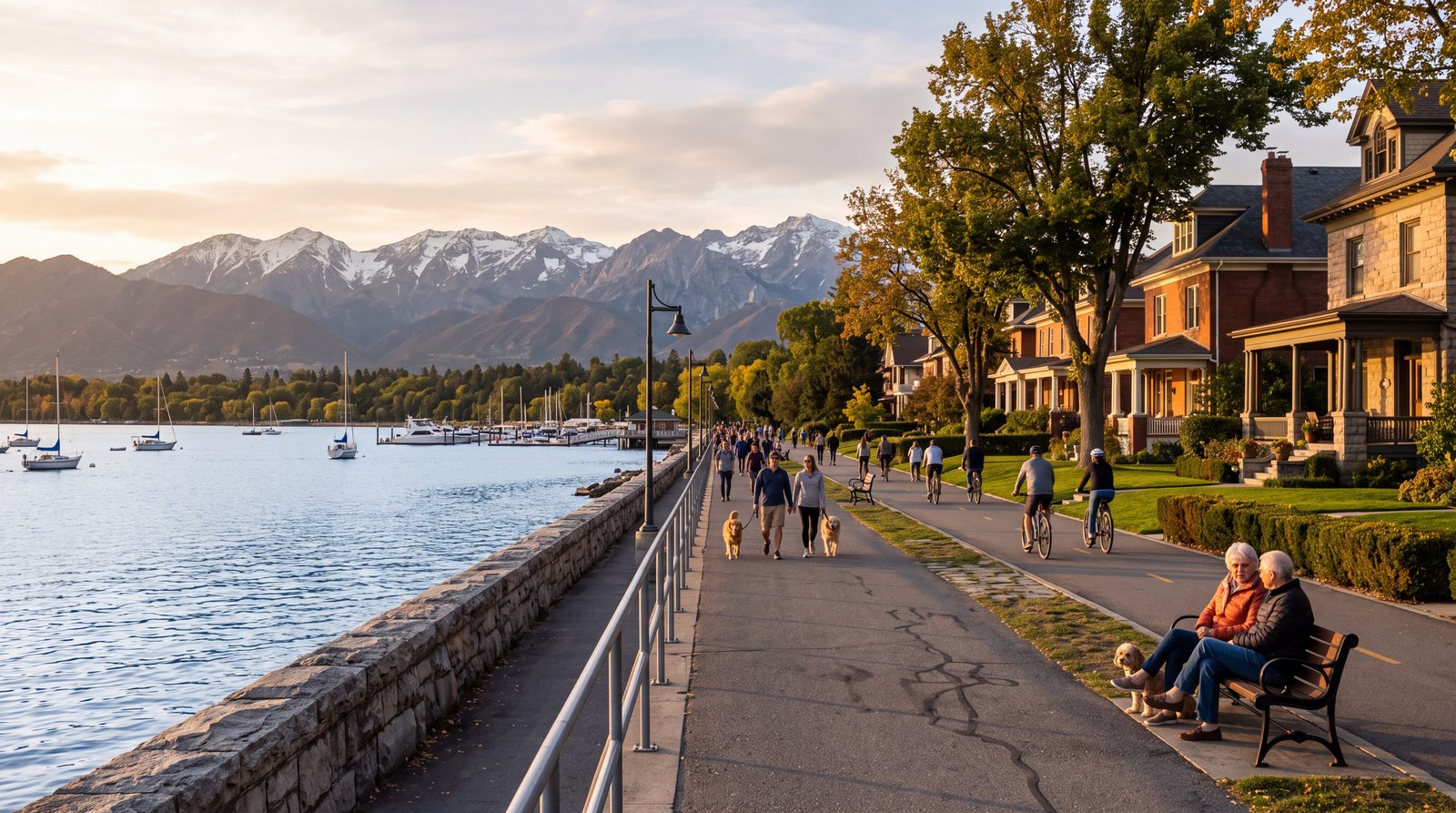 Waterfront promenade with historic homes at golden hour, sailboats on calm water, mountains behind.