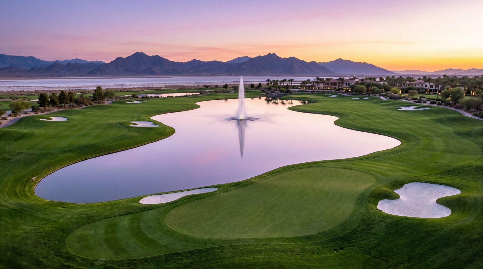 A links course at dusk beside water gone pink and lavender, fountain playing, clubhouse lit beyond.