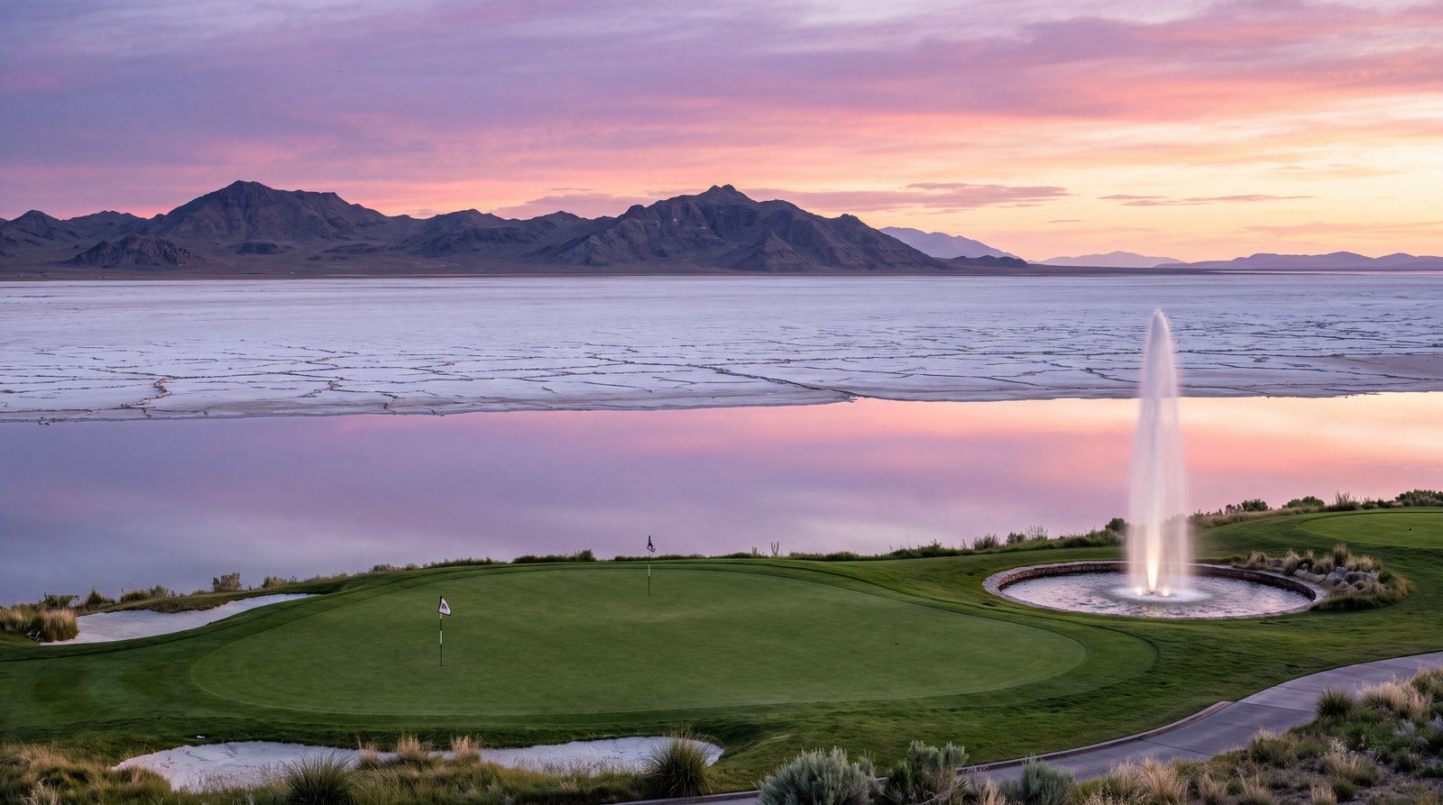 A fountain playing over pink and lavender water at sunset, green fairway in the foreground, salt flats beyond.