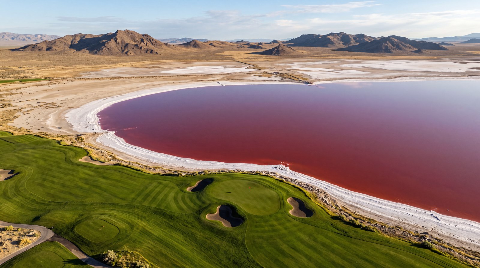 Aerial view of an emerald irrigated fairway running down to a large still lake of opaque blood-red water with a hard white salt rim, desert mountains beyond.
