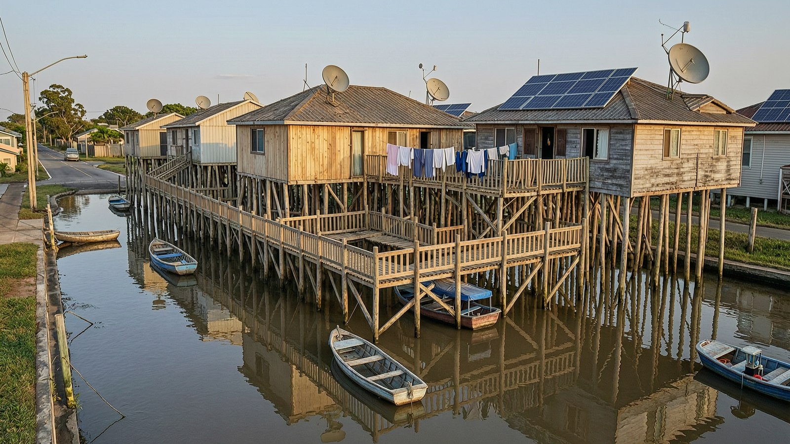 A row of timber houses raised high on piles above still water, boats moored underneath, satellite dishes and solar panels on the roofs, washing hung on a rail.