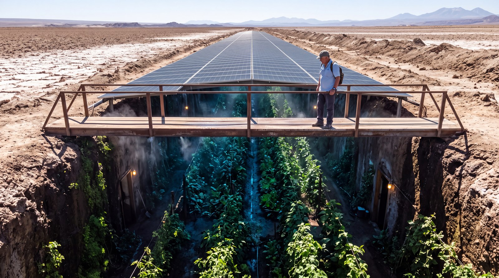 Looking down into a deep trench roofed with solar panels, dense green plants growing down both damp walls, mist in the air, warm lights in doorways, a person on a bridge above, blinding white salt flats on the surface beyond.