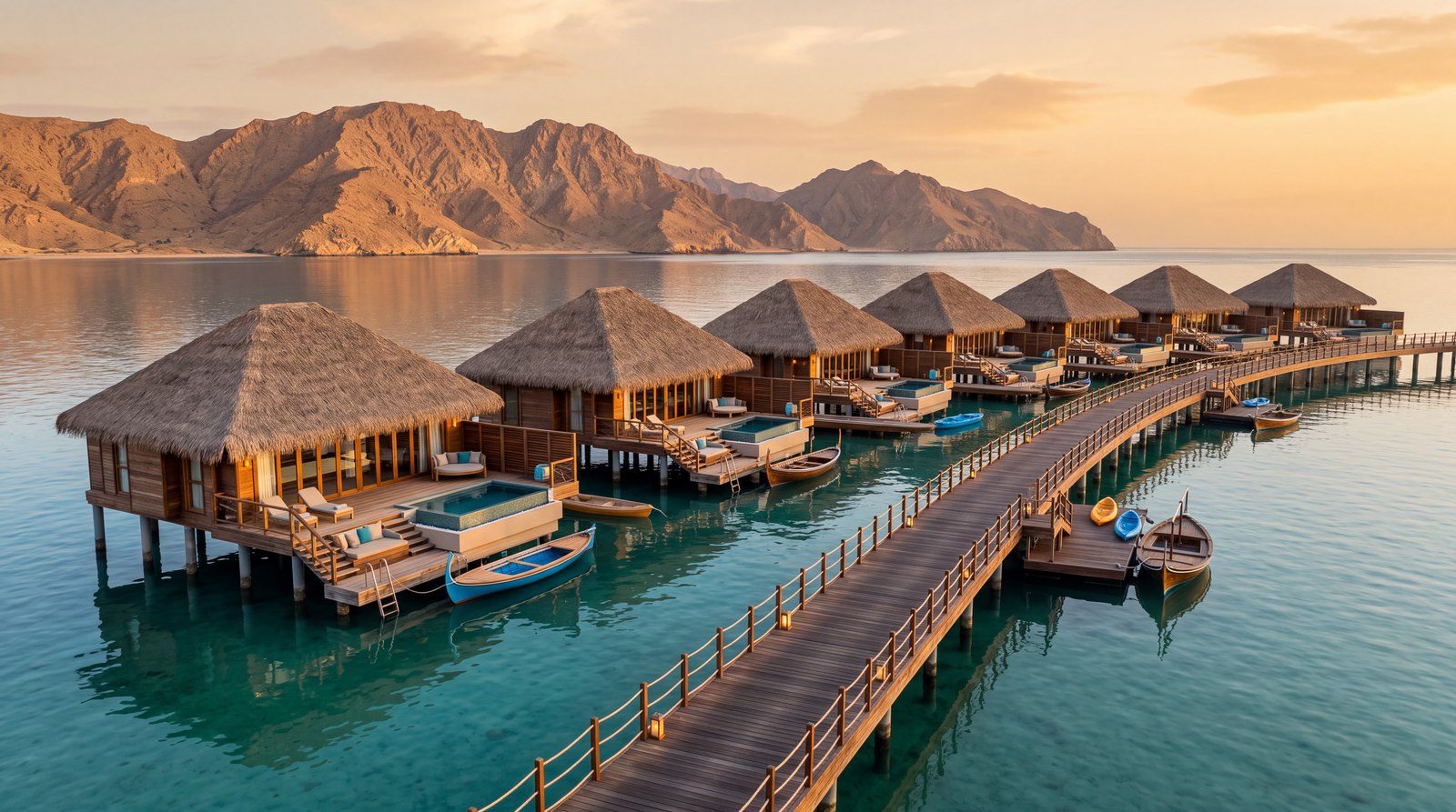 A row of thatched overwater villas on timber piles connected by a boardwalk, turquoise water, boats moored beneath, mountains at sunset.