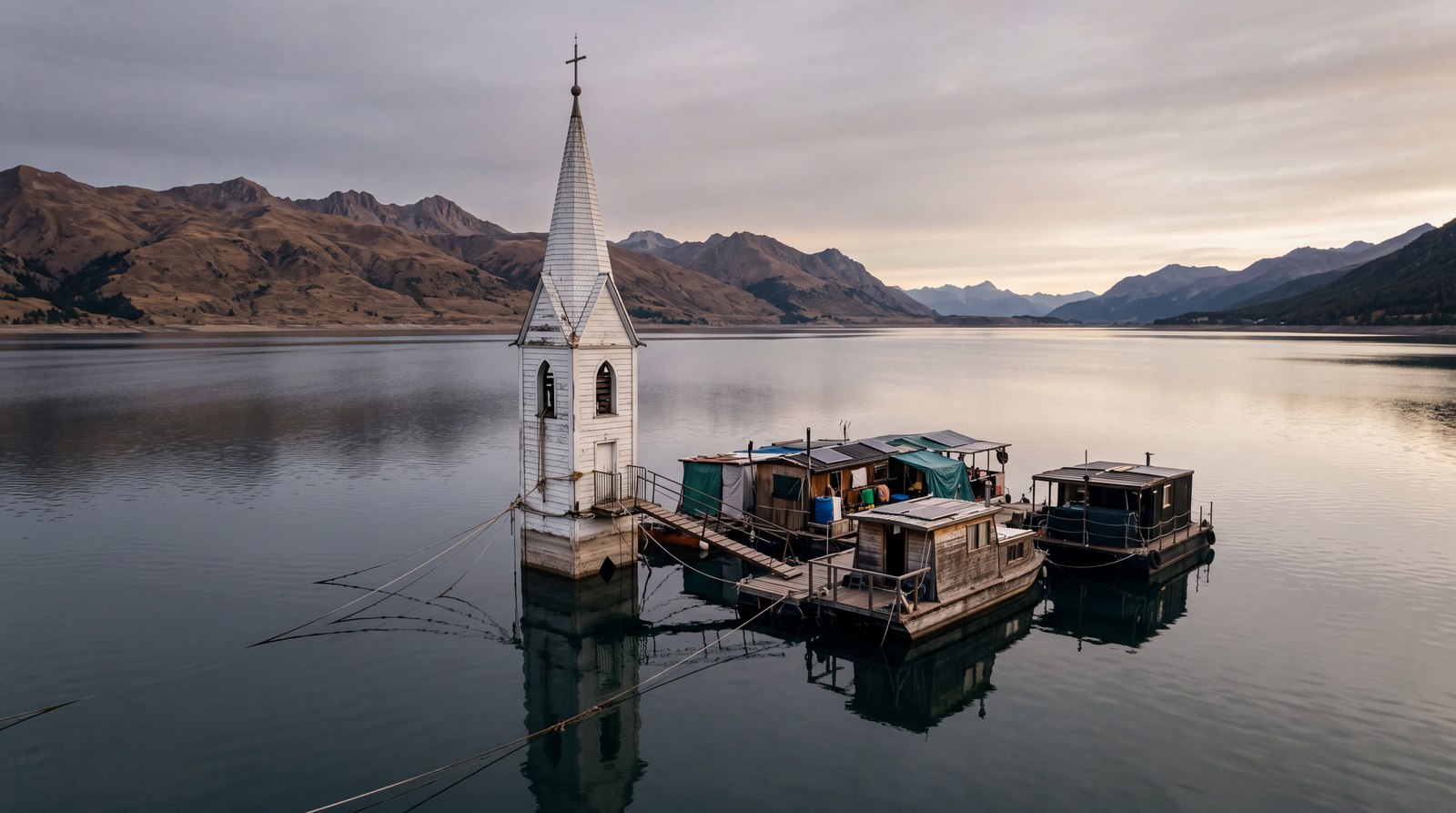 A white church steeple standing in still water at dusk, with several small houseboats and floating shelters moored around its base, mountains in the distance.