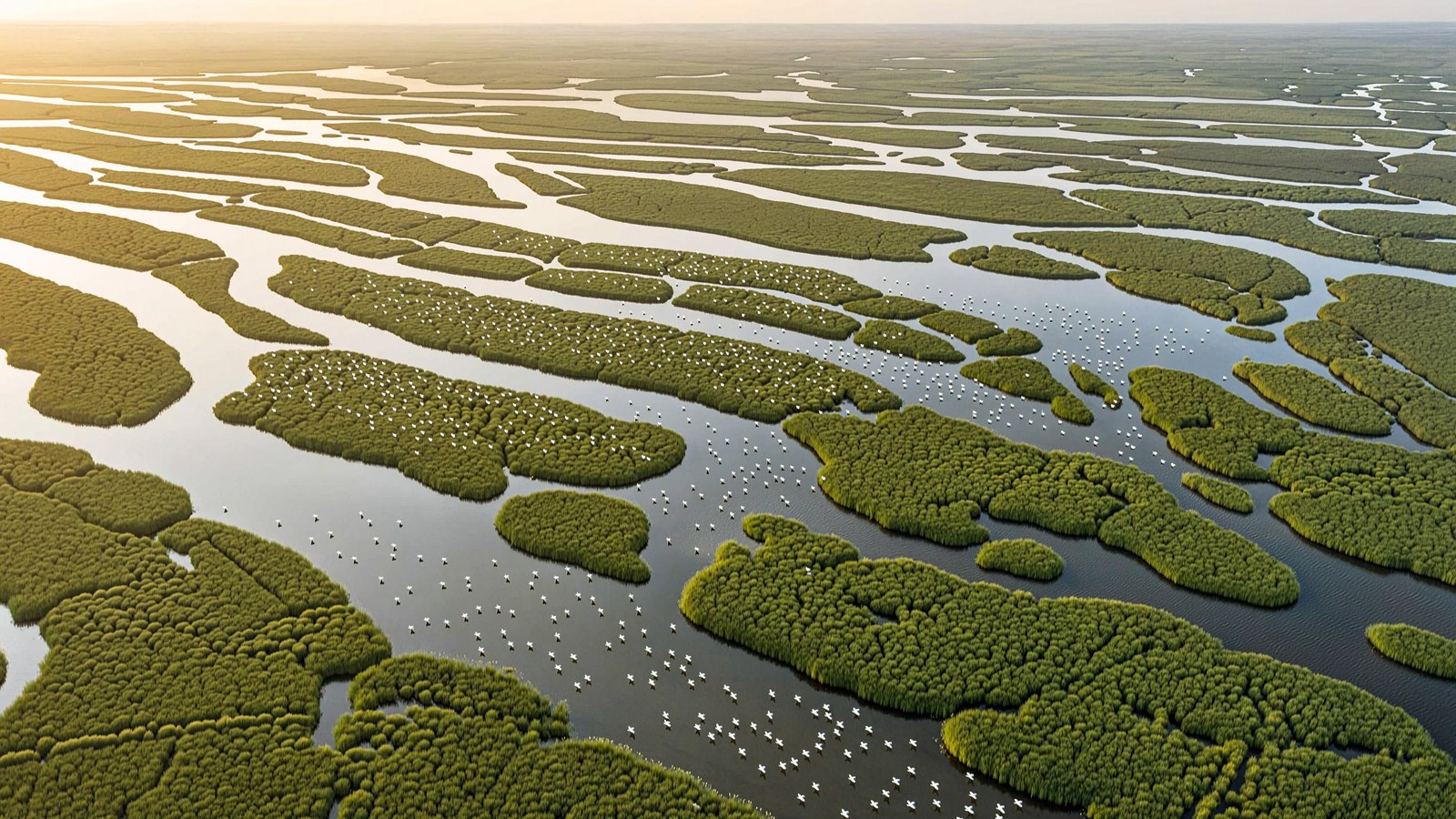 Aerial view of restored marsh — braided channels, low islands and open shallows running to the horizon.